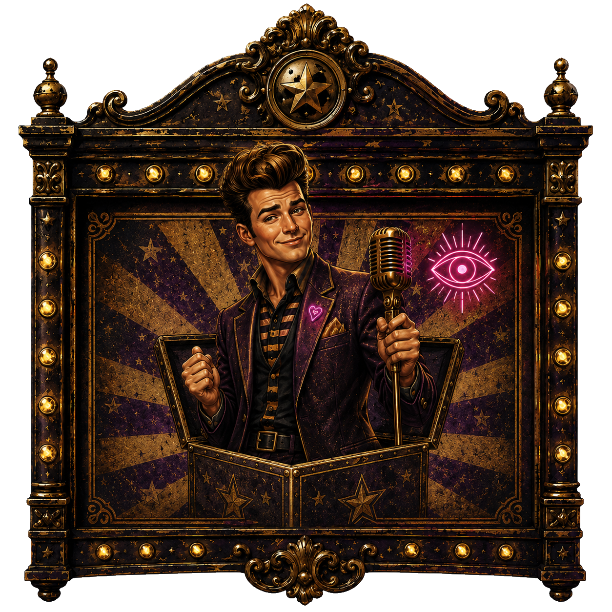 A marquee-framed reveal: a pompadoured crooner rising from an open box, fist raised, microphone in hand. A neon eye approves.