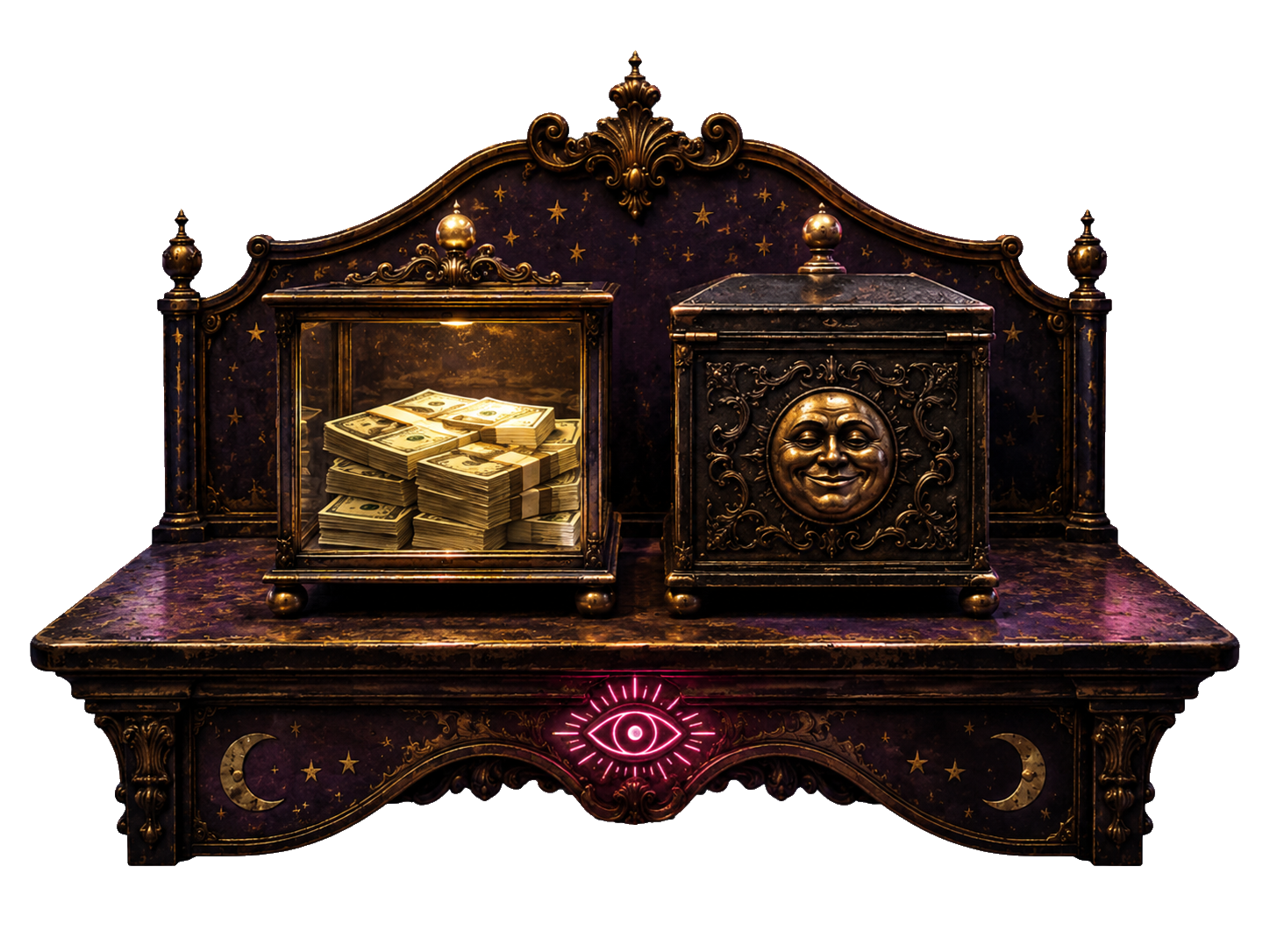 Two boxes on an ornate counter: a clear box visibly full of cash, and an opaque box bearing a smug brass face.