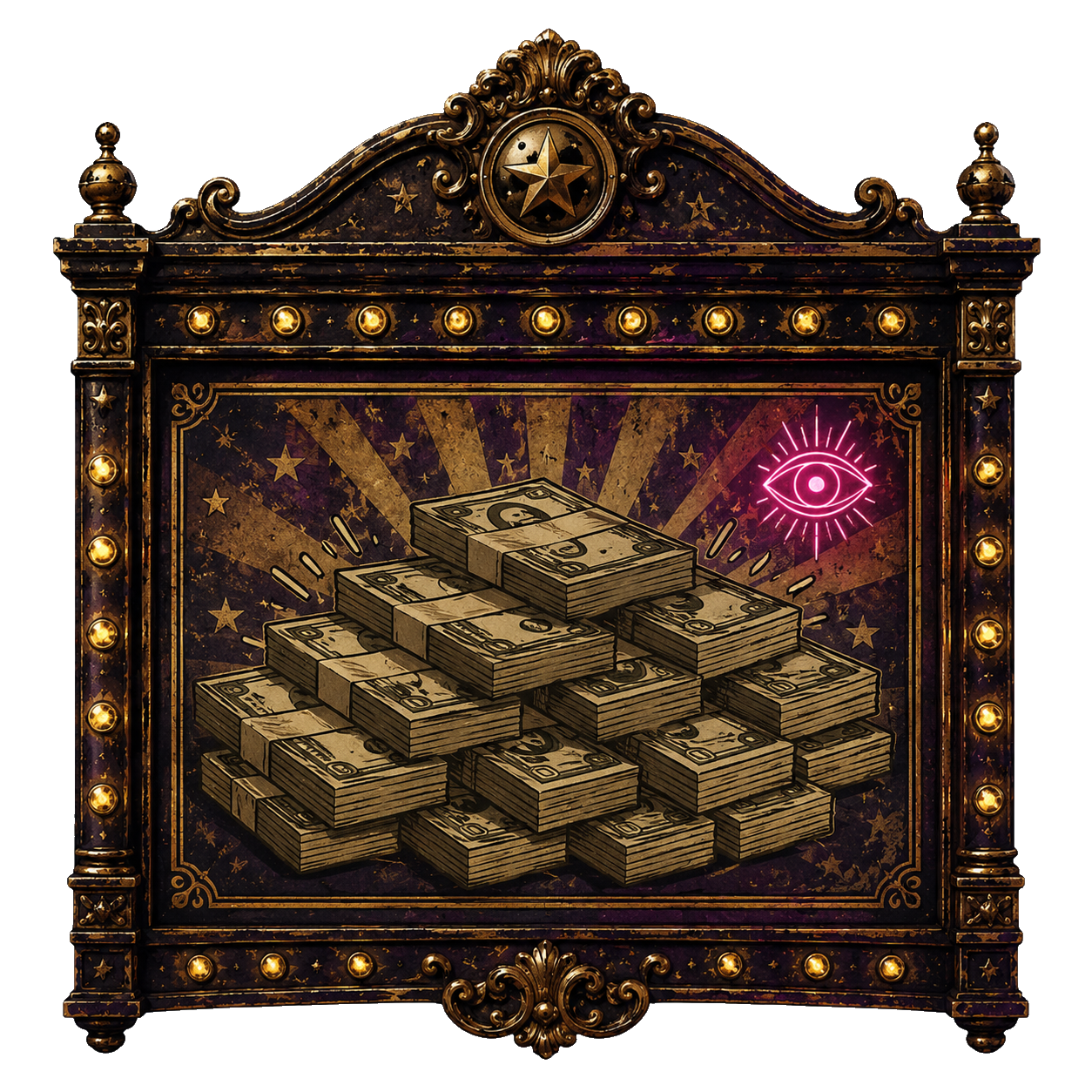 An ornate framed plaque depicting, in flat print style, one thousand dollars. It is a picture of money.